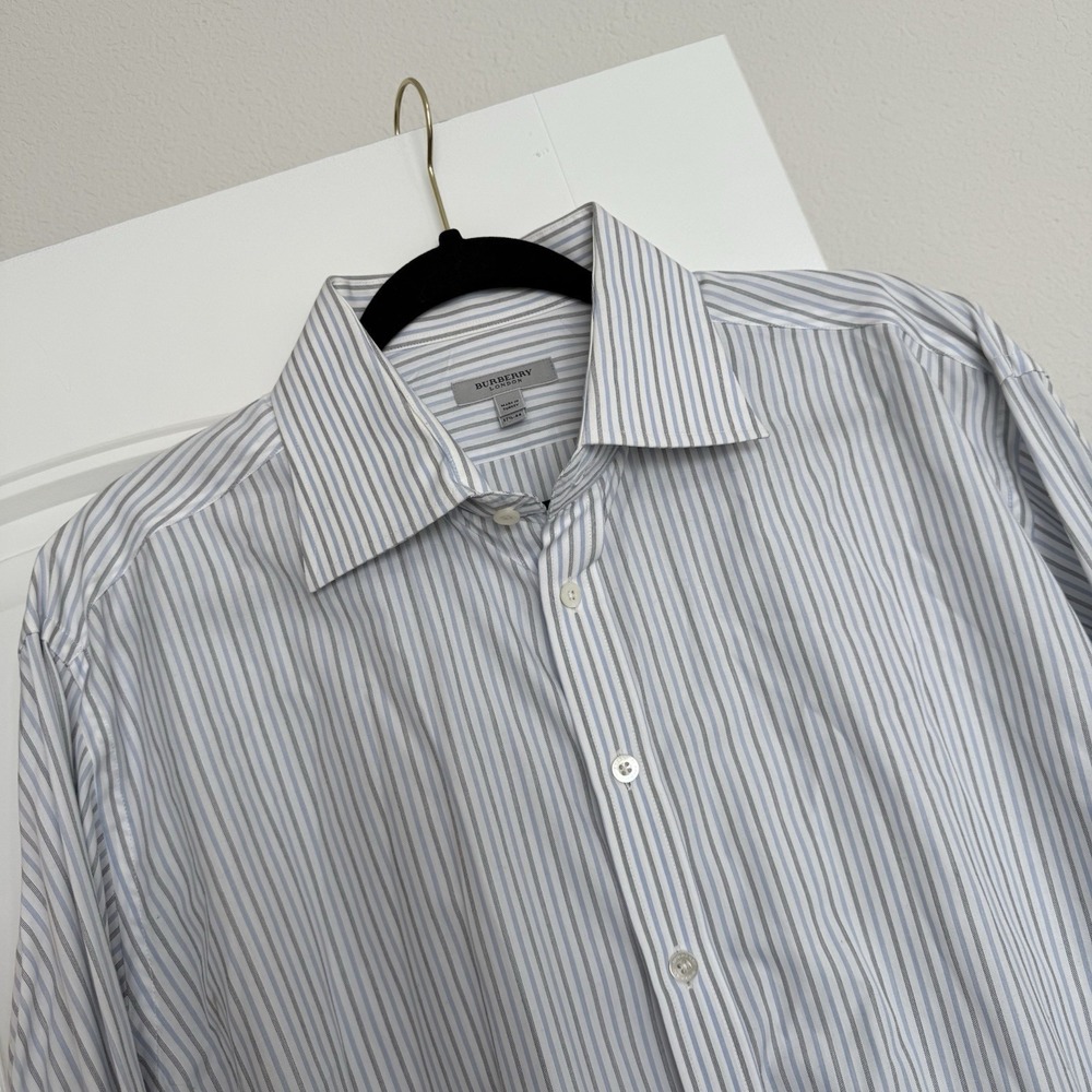 Burberry London Mens Blue/Wht Striped Long Sleeve Dress‎ Shirt Sz 17.5-44 *READ*